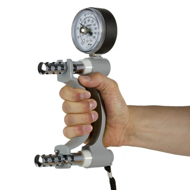 A hand squeezing a Jamar dynamometer to measure grip strength